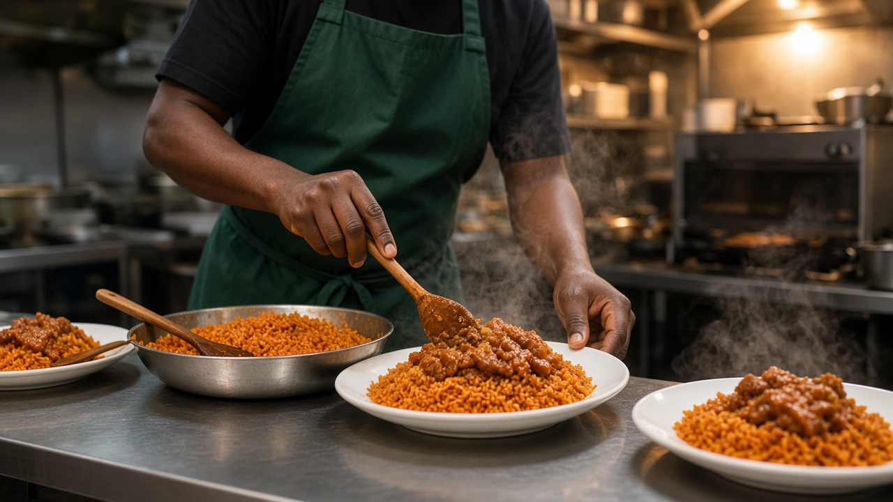 A cook at the kitchen pass plating jollof rice and stew.