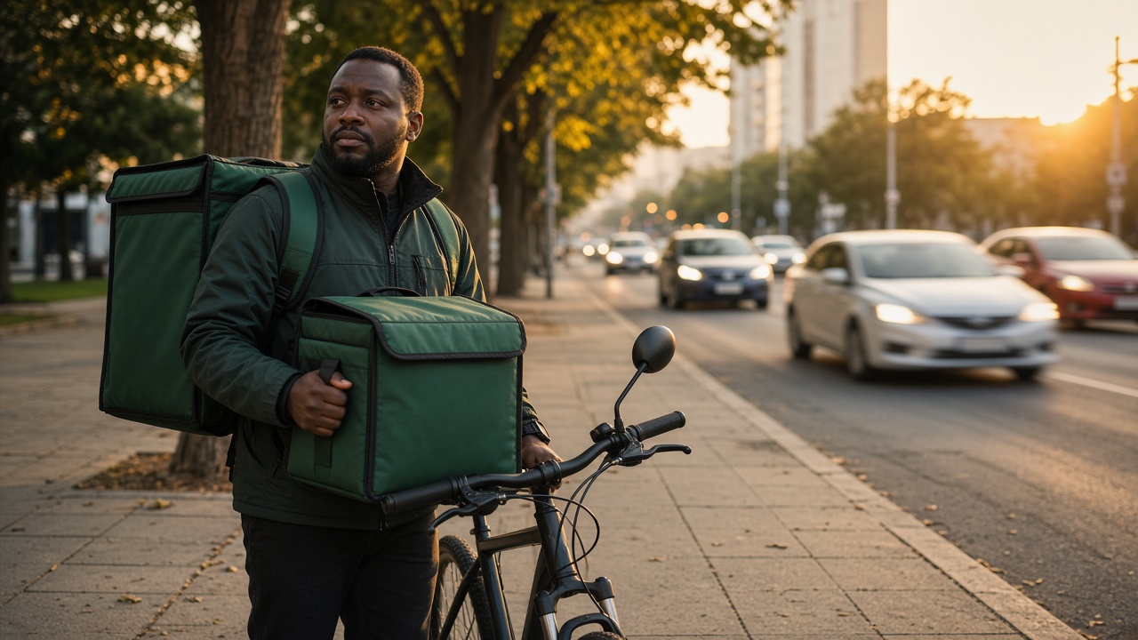 A courier with a thermal food bag standing beside a bicycle on a city street.