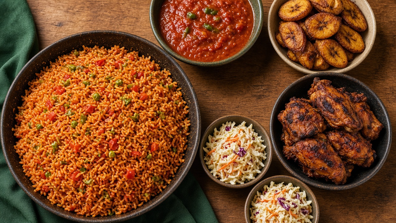 A table of party jollof, stew, fried plantain, and grilled chicken.